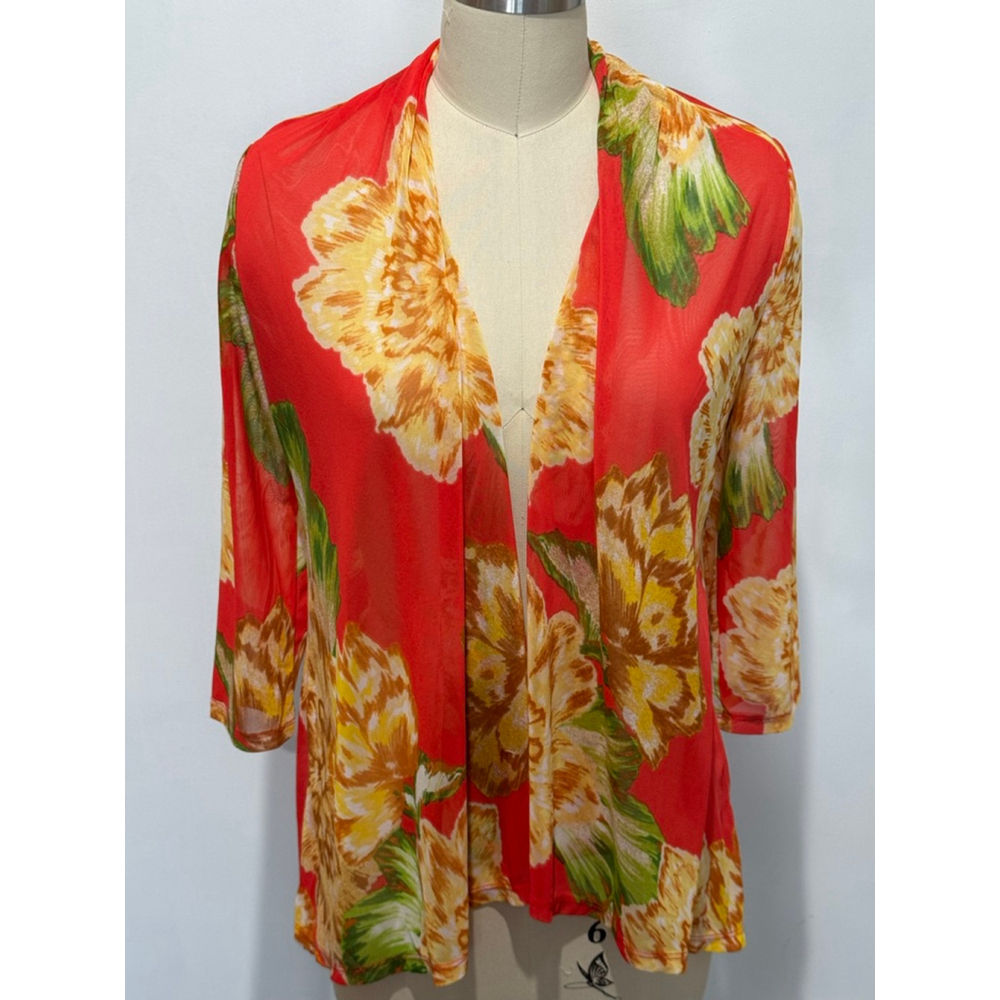 Women's Zero 2 Eight Red & Yellow tropical Floral mesh open front cardigan S